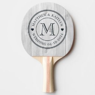 Clean Light Grey Wooden Wedding Monogram Heart Ping Pong Paddle