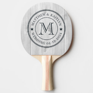 Clean Light Grey Wooden Wedding Monogram Star Ping Pong Paddle