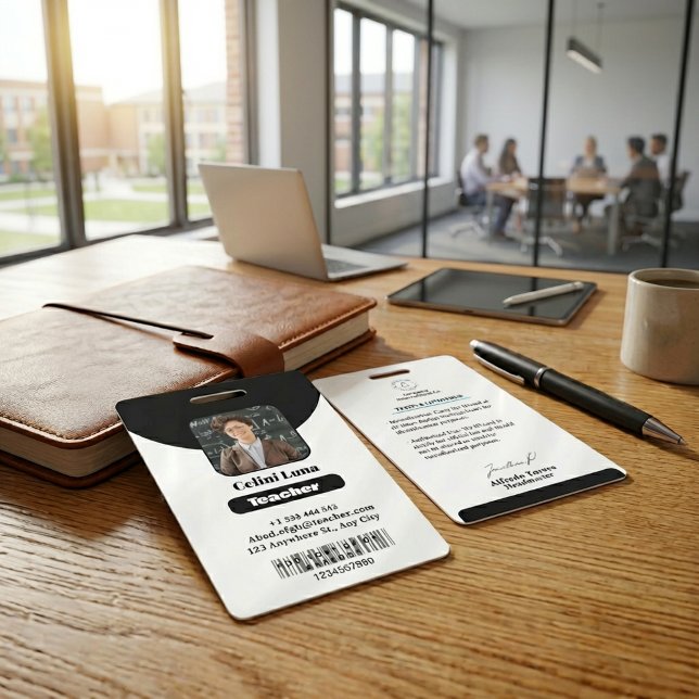 Clean Lines & Class: Minimalist Black Teacher ID Badge (Minimalist Black Teacher Photo ID Badge with Simple White Typography)