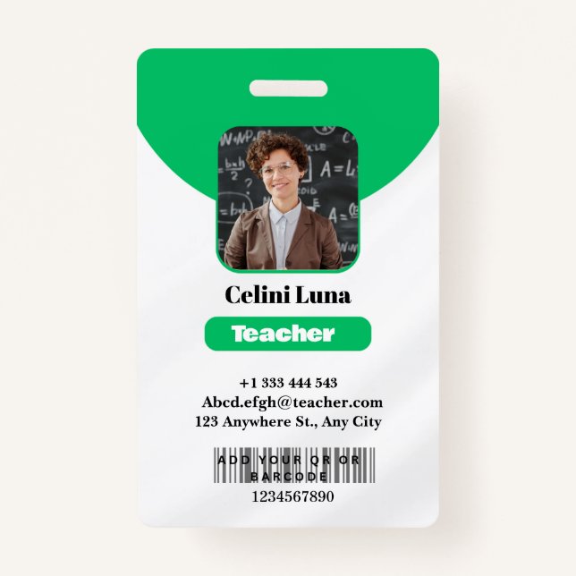 Clean Lines & Class: Minimalist Green Teacher ID ID Badge (Front)
