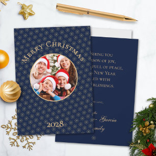 Clean Midnight Blue Gold Snowflakes Christmas Holiday Card