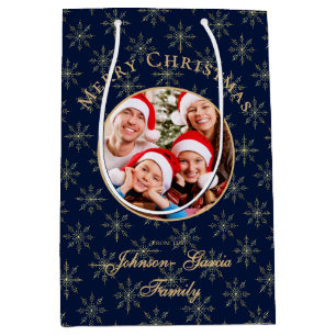Clean Midnight Blue Gold Snowflakes Christmas Medium Gift Bag
