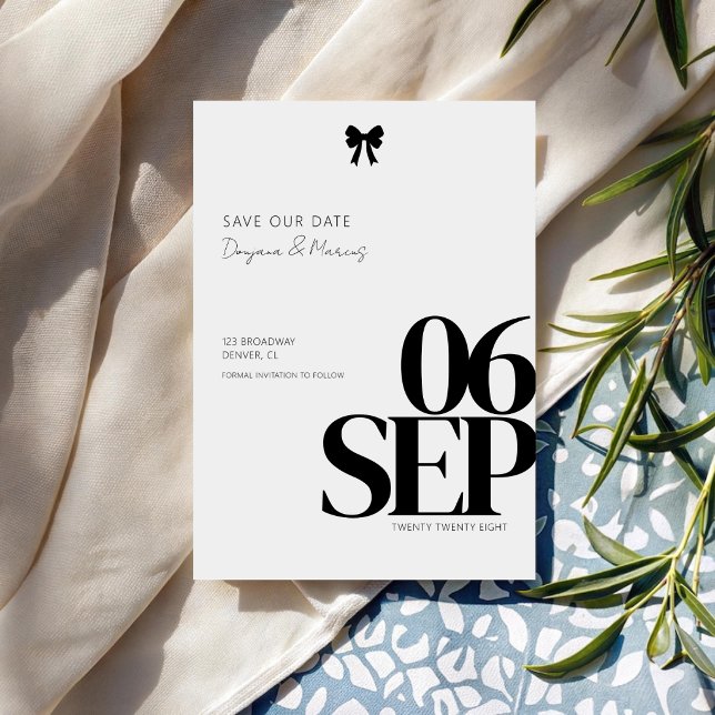 Clean Minimalist Black Bow Simple Wedding Theme Save The Date (Creator Uploaded)