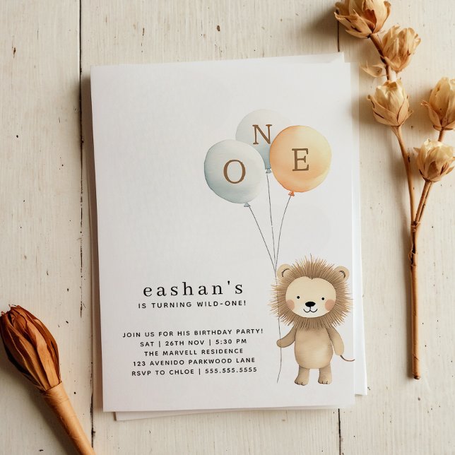 Clean Minimalist Cute Little Lion 1st Birthday Invitation (Creator Uploaded)