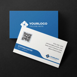 Clean & Modern Corporate Blue QR Code Custom Logo Business Card