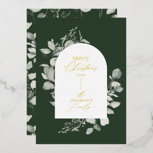 Clean modern elegant botanical green grey foil hol holiday card