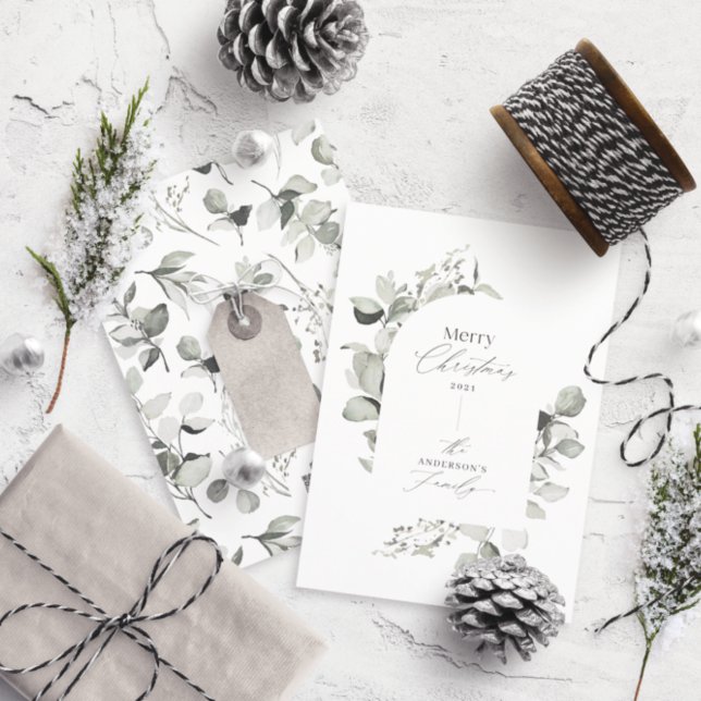 Clean modern elegant botanical green grey holiday card (Creator Uploaded)