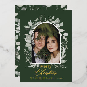 Clean modern elegant botanical green grey photo fo foil holiday card