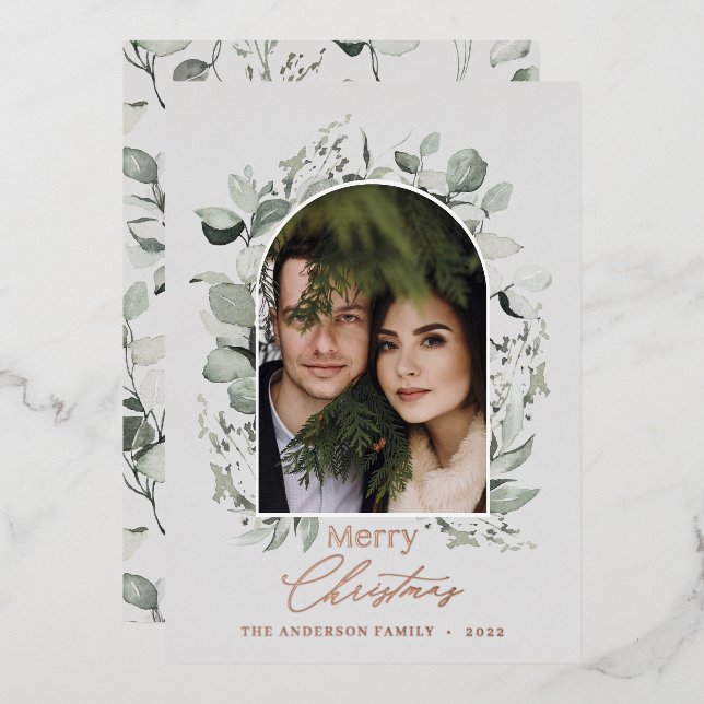 Clean modern elegant botanical green grey photo fo foil holiday card (Front/Back)