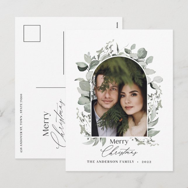 Clean modern elegant botanical green grey photo ho holiday postcard (Front/Back)
