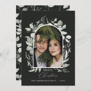 Clean modern elegant botanical green grey photo holiday card