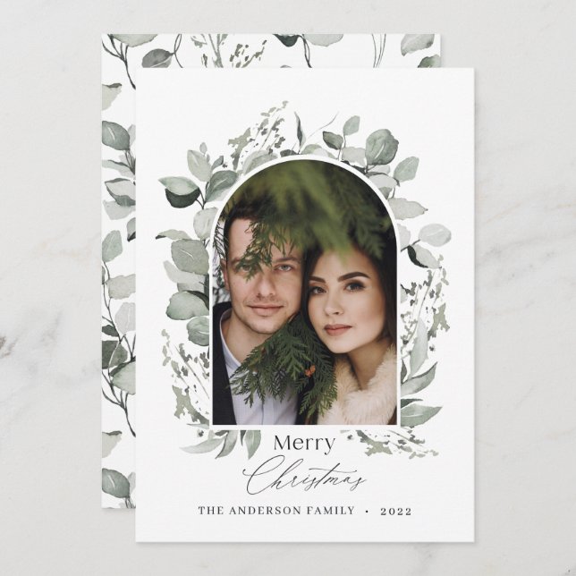 Clean modern elegant botanical green grey photo holiday card (Front/Back)