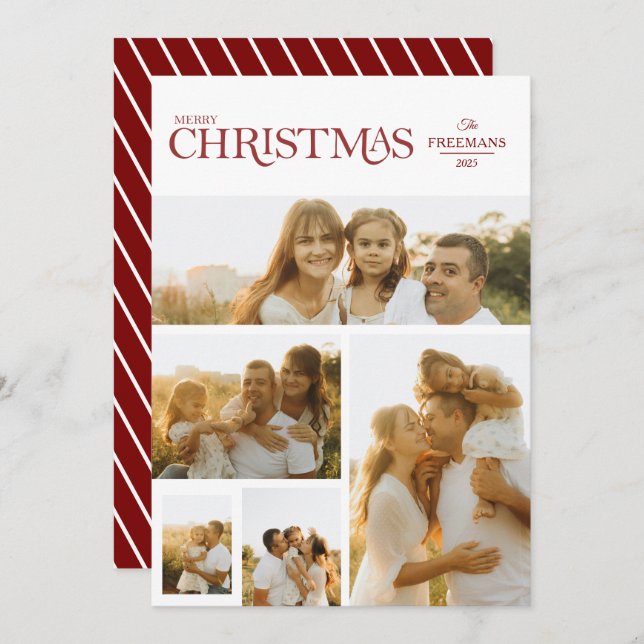 Clean Modern Red Five Photo Collage Christmas Holiday Card (Front/Back)