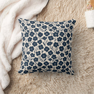 Clean monochrome wildflowers in navy on cream  cushion