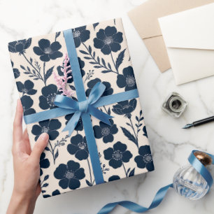 Clean monochrome wildflowers in navy on cream  wrapping paper