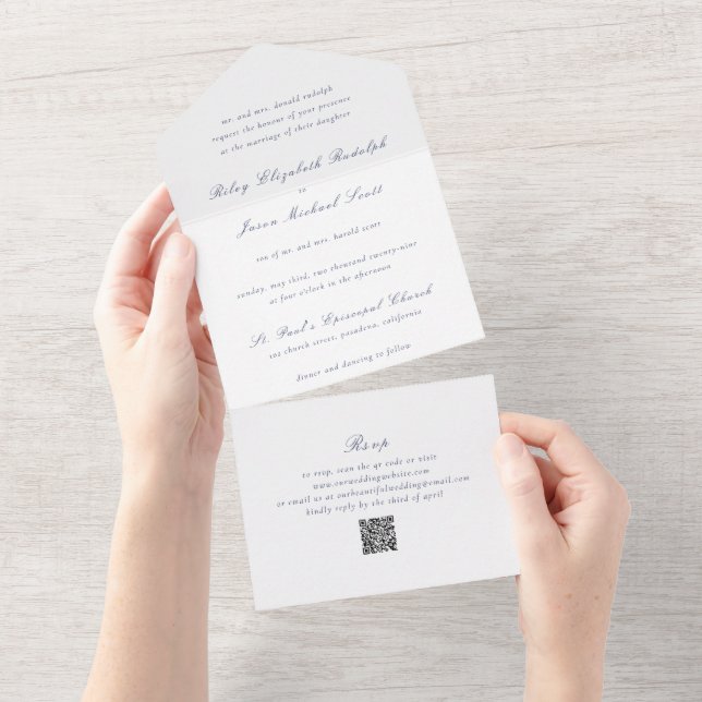 Clean Navy Blue QR Code Elegant Wedding All In One Invitation (Tearaway)