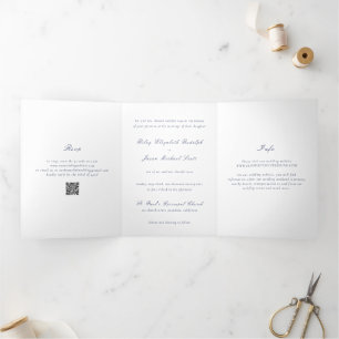 Clean Navy Blue QR Code Elegant Wedding Tri-Fold Invitation