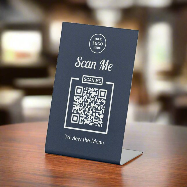 Clean Navy Blue Scan QR Code Business Logo  Pedestal Sign (Creator Uploaded)