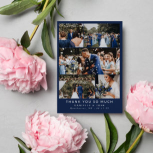Clean Navy Blue Wedding Photo Collage Thank You Card