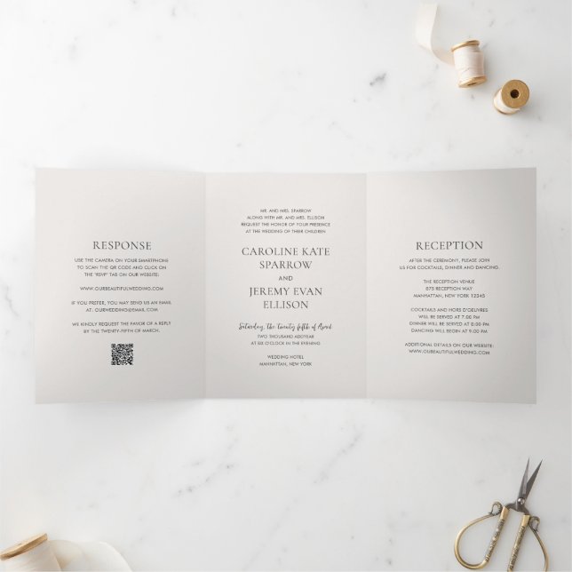 Clean Neutral QR Code Elegant Wedding Tri-Fold Invitation (Inside)