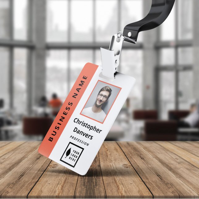 Clean Orange White Add Your Logo Office Employee ID Badge (Creator Uploaded)