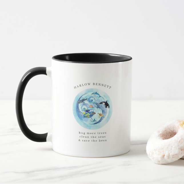 Clean Our Oceans | Watercolor Orca Whale Monogram  Mug (With Donut)