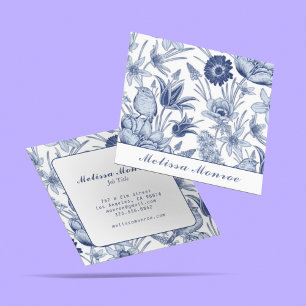 Clean Pastel Blue & White Wildflowers Typography Square Business Card