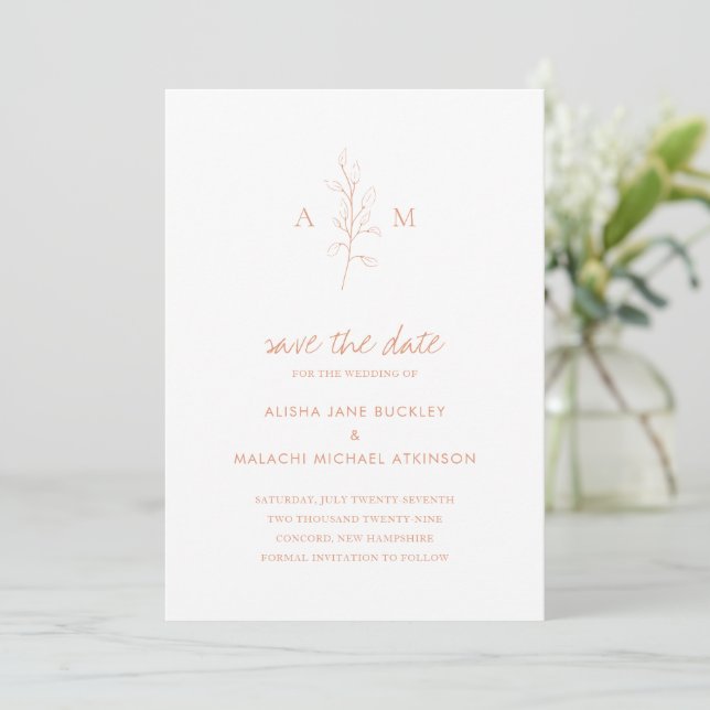 Clean Peach Botanical Photo Elegant Wedding Save The Date (Standing Front)