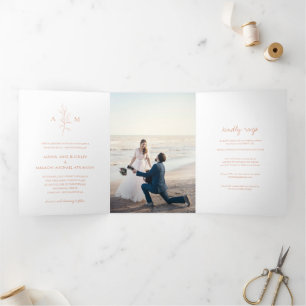 Clean Peach Botanical Photo Elegant Wedding Tri-Fold Invitation