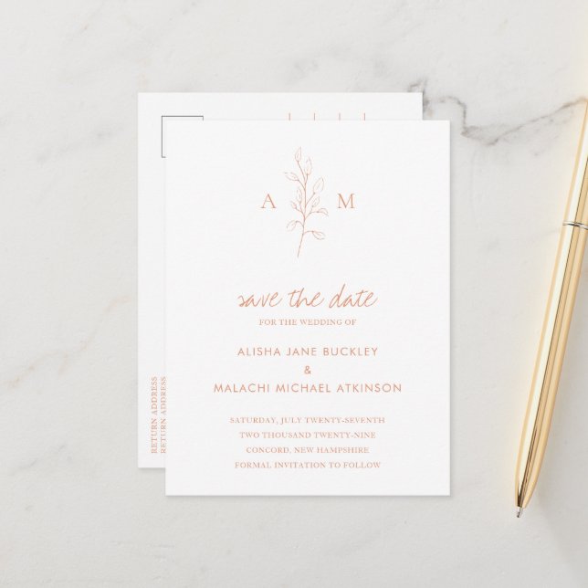 Clean Peach Botanical Wedding Save the Date Announcement Postcard (Front/Back In Situ)