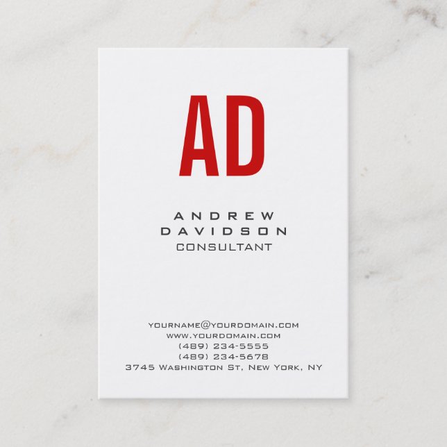 Clean Plain White Red Monogram Business Card (Front)
