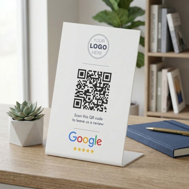 Clean Professional Google Review QR Code Logo Pedestal Sign (Minimalist Google Review QR Code Sign – Custom Logo Desk Display for Business)