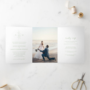 Clean Sage Green Botanical Photo Elegant Wedding Tri-Fold Invitation