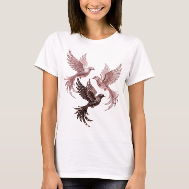Clean Silver THREE ROSE GOLD BIRDS Slogan Tee (Front)