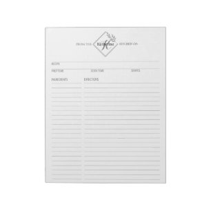 Clean + Simple Monogram Recipe Pages Notepad I