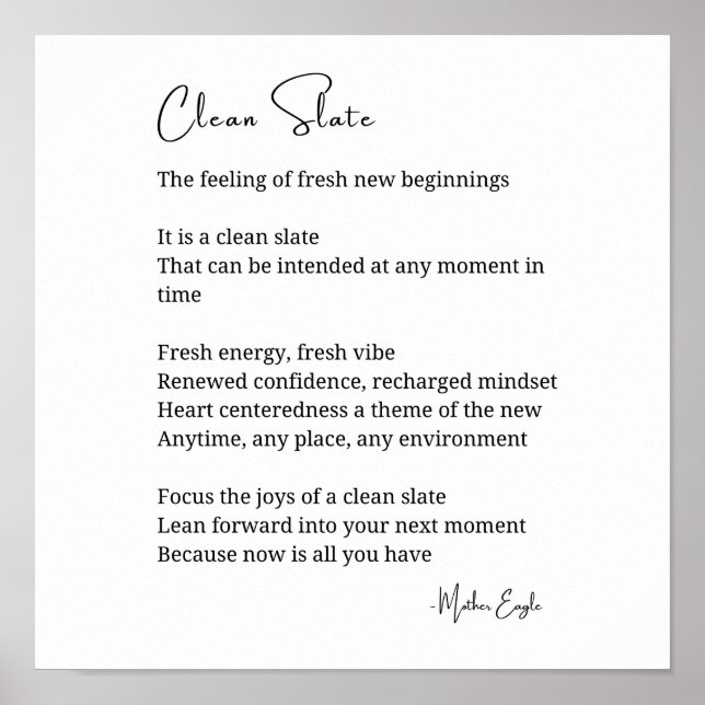 Clean Slate new beginnings Inspirational Poem Wall Poster (Front)