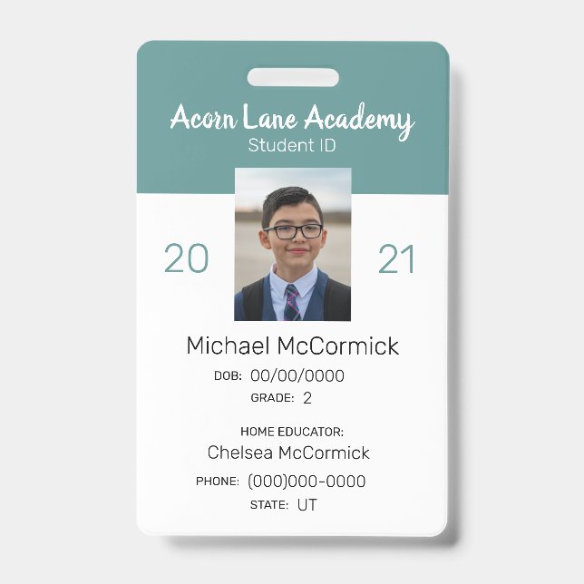 Clean Teal Homeschool Student ID Badge (Front)