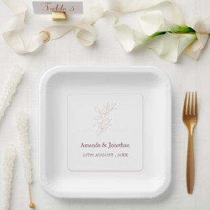 Clean White and Pink Simple Leaf Modern Wedding Paper Plate