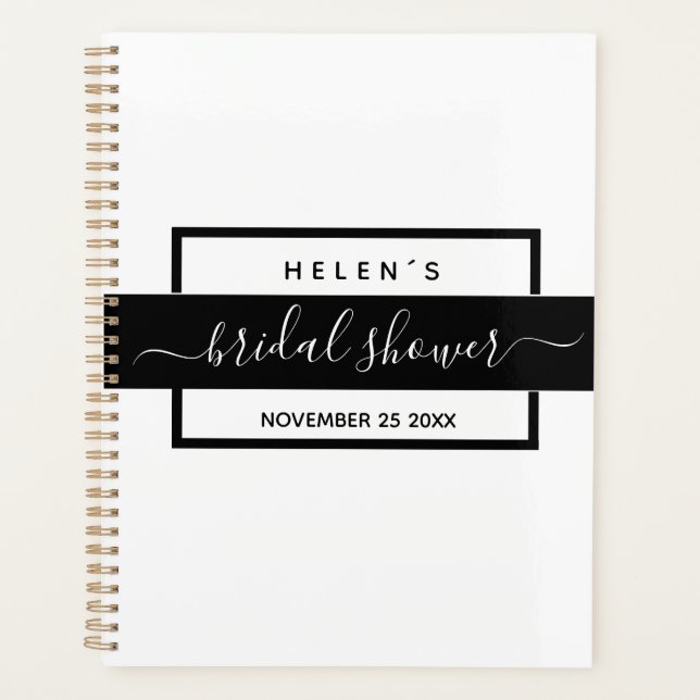 Clean White Black Bridal Shower Minimalist Pattern Planner (Front)