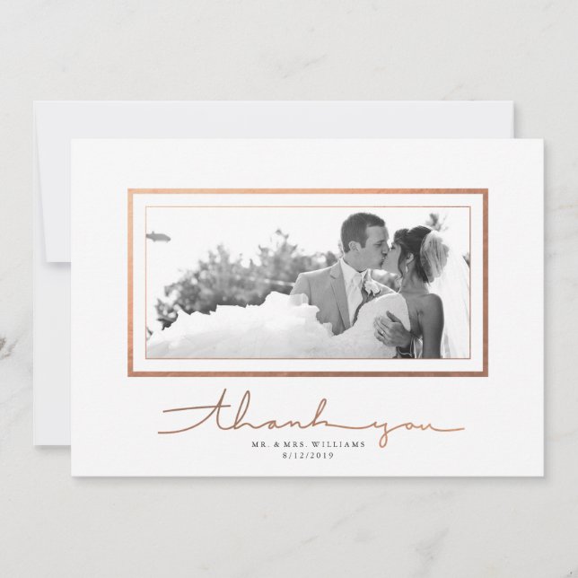 Clean White Copper Script Elegant Thank You Card (Front)