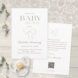 Clean White Watercolor Bow Baby Shower Invitation