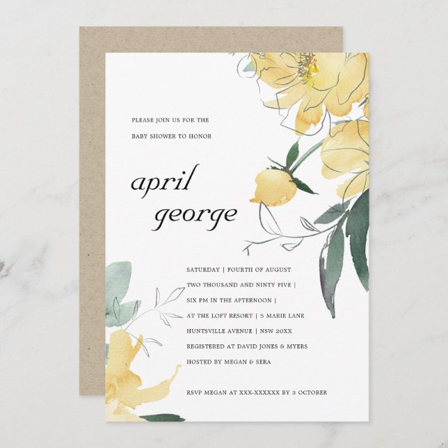 CLEAN YELLOW GREEN FLORAL BABY SHOWER INVITE (Front/Back)