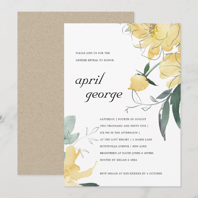 CLEAN YELLOW GREEN FLORAL GENDER REVEAL INVITE (Front/Back)