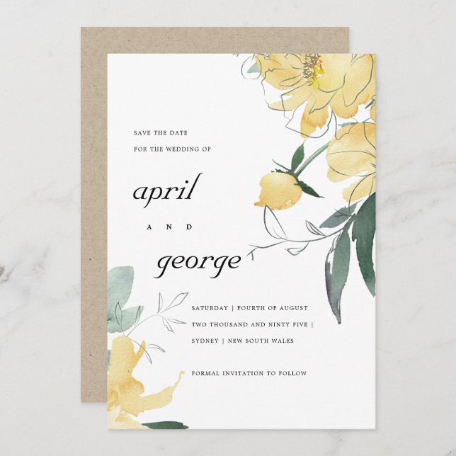 CLEAN YELLOW GREEN FLORAL SAVE THE DATE CARD (Front/Back)