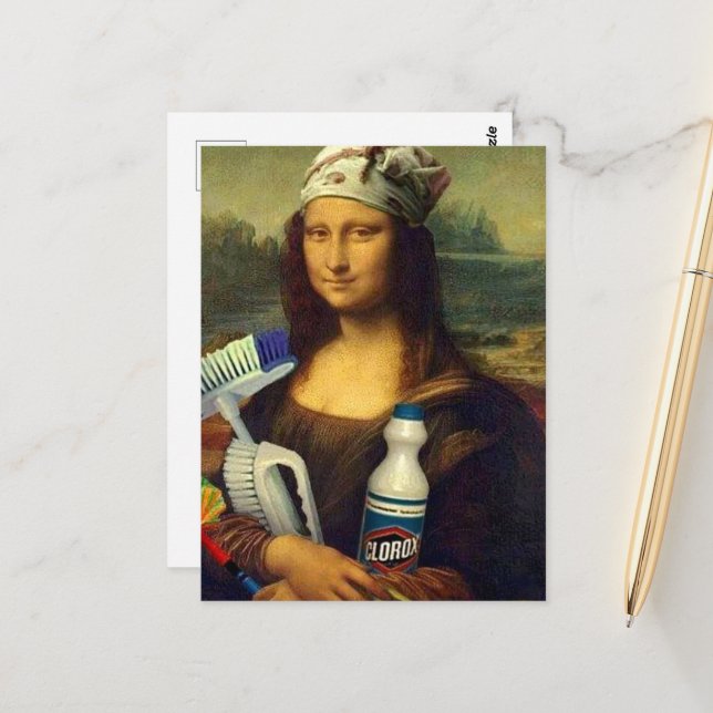 Cleaner Mona Lisa holding cleaning tools Da Vinci  Postcard (Front/Back In Situ)