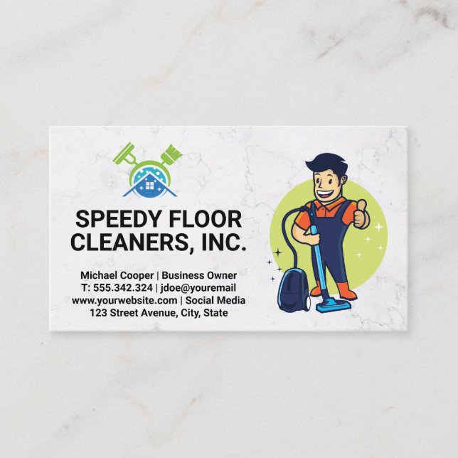 Cleaner Service | Man Cleaning Floors Logo Business Card (Front)