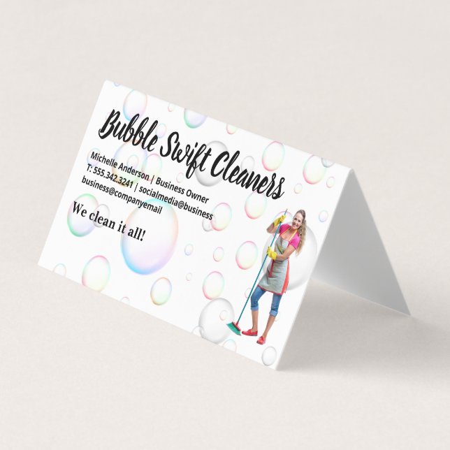 Cleaner with Broom Smiling | Bubbles Business Card (Front)
