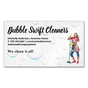 Cleaner with Broom Smiling Bubbles Magnetic Business Card