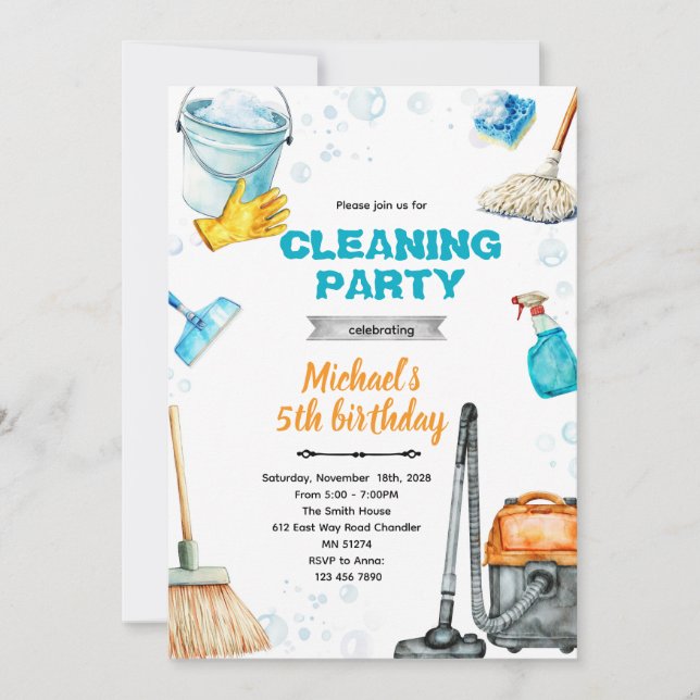 Cleaning birthday party invite (Front)