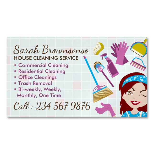 Cleaning Burgundy Janitorial Lady Tile Washing Magnetic Business Card (Front)